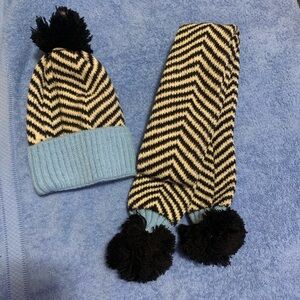 Chevron Knit Hat and Scarf Set with Pom Poms